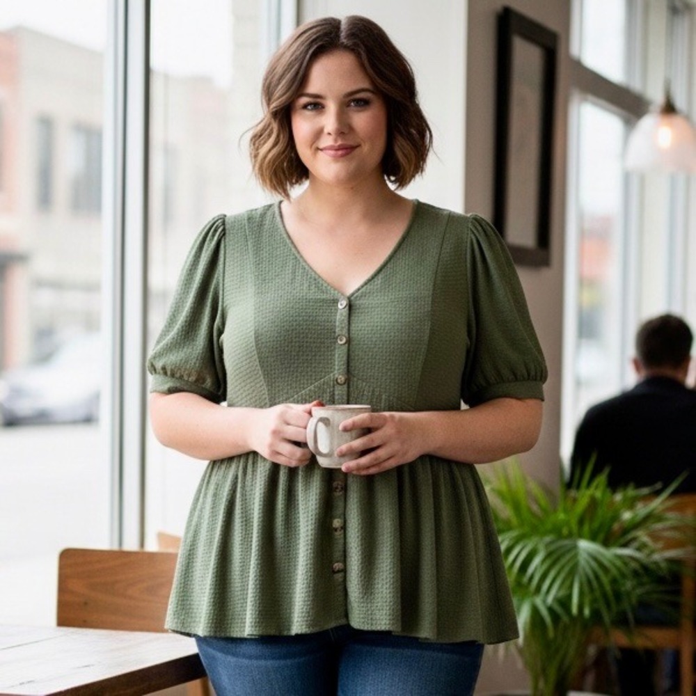 Olive Green Button-Front Peplum Top - Women